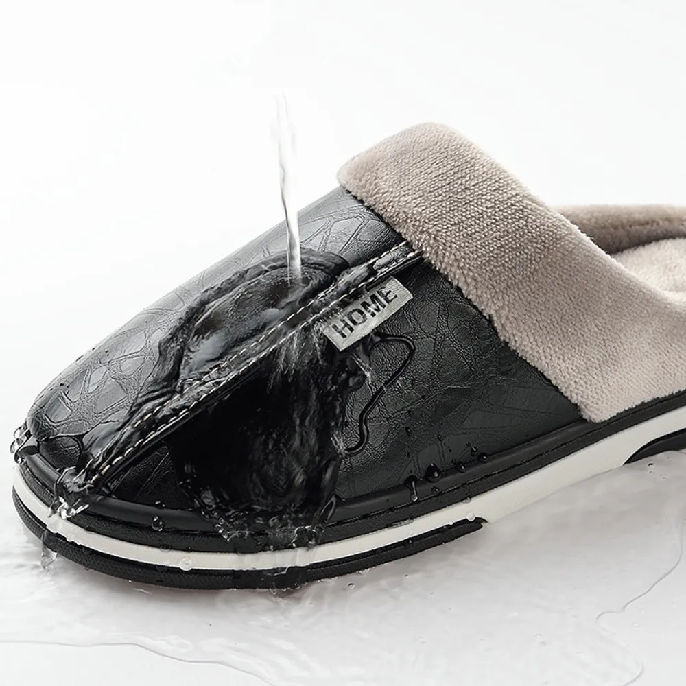 Männer Hausschuhe Indoor PU Leder Frauen Haus wasserdichte warme Hausfell Slipper Männliche Paarschuhe flauschige große Größe Ca