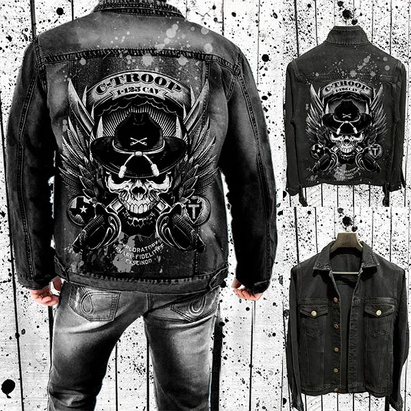 Punk-Mode Old-washed Jeansjacke für Herren  mit Totenkopf-Aufdruck Langen und Stehkragen