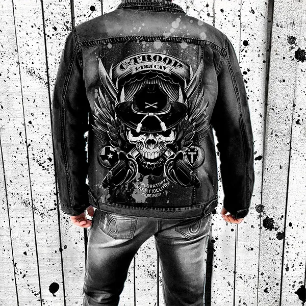 Punk-Mode Old-washed Jeansjacke für Herren  mit Totenkopf-Aufdruck Langen und Stehkragen