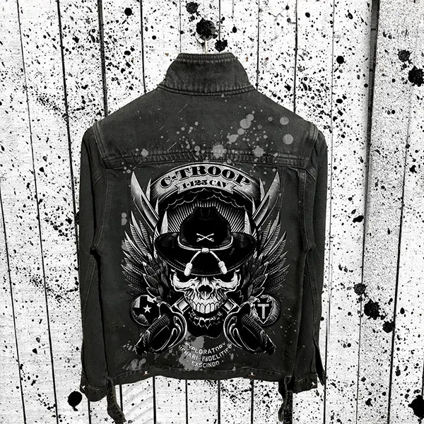 Punk-Mode Old-washed Jeansjacke für Herren  mit Totenkopf-Aufdruck Langen und Stehkragen